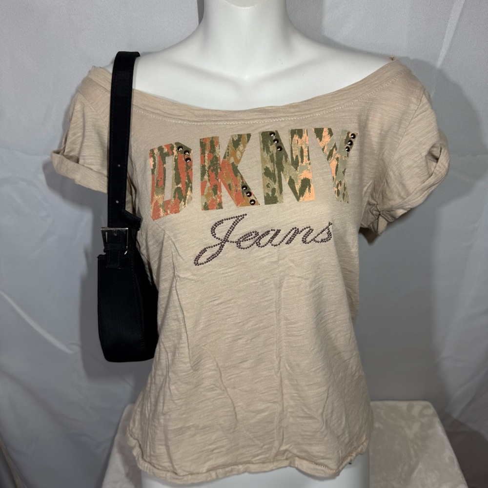 DKNY Jeans Camo Graphic Off‎ Shoulder Top Studded Logo Size M